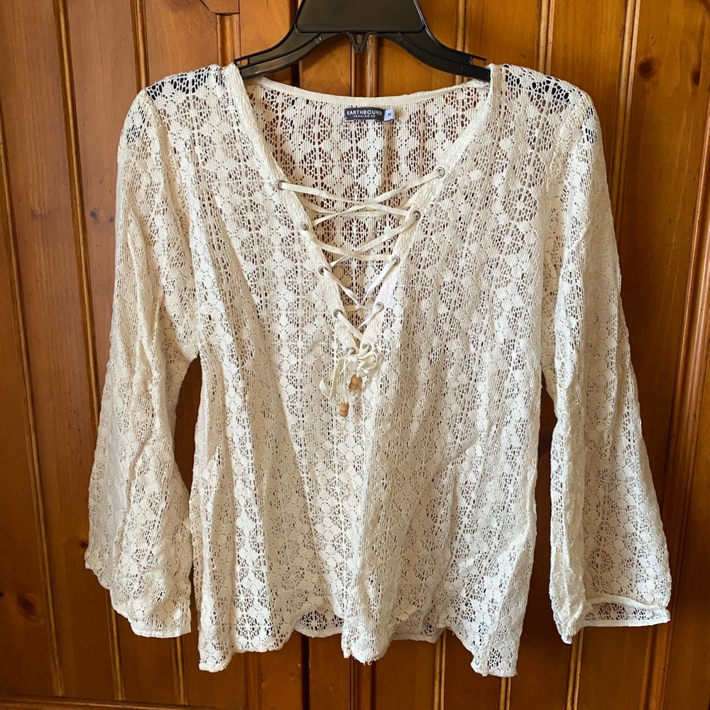 EARTHBOUND Cream Blouse with Bell Sleeves and Tie Front